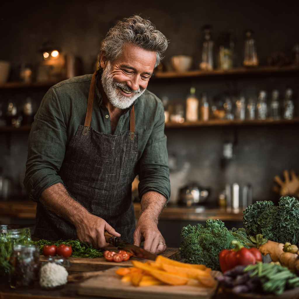 Чоловік віком 58 років готує здорову їжу на кухні, посміхається та демонструє задоволення від процесу приготування