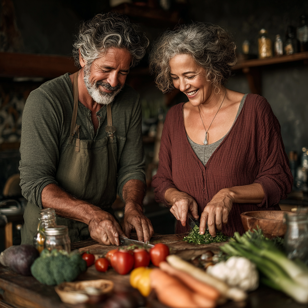 Пара віком 52-58 років разом готує здорову вечерю, посміхаються та насолоджуються спільним процесом приготування персоналізованого меню