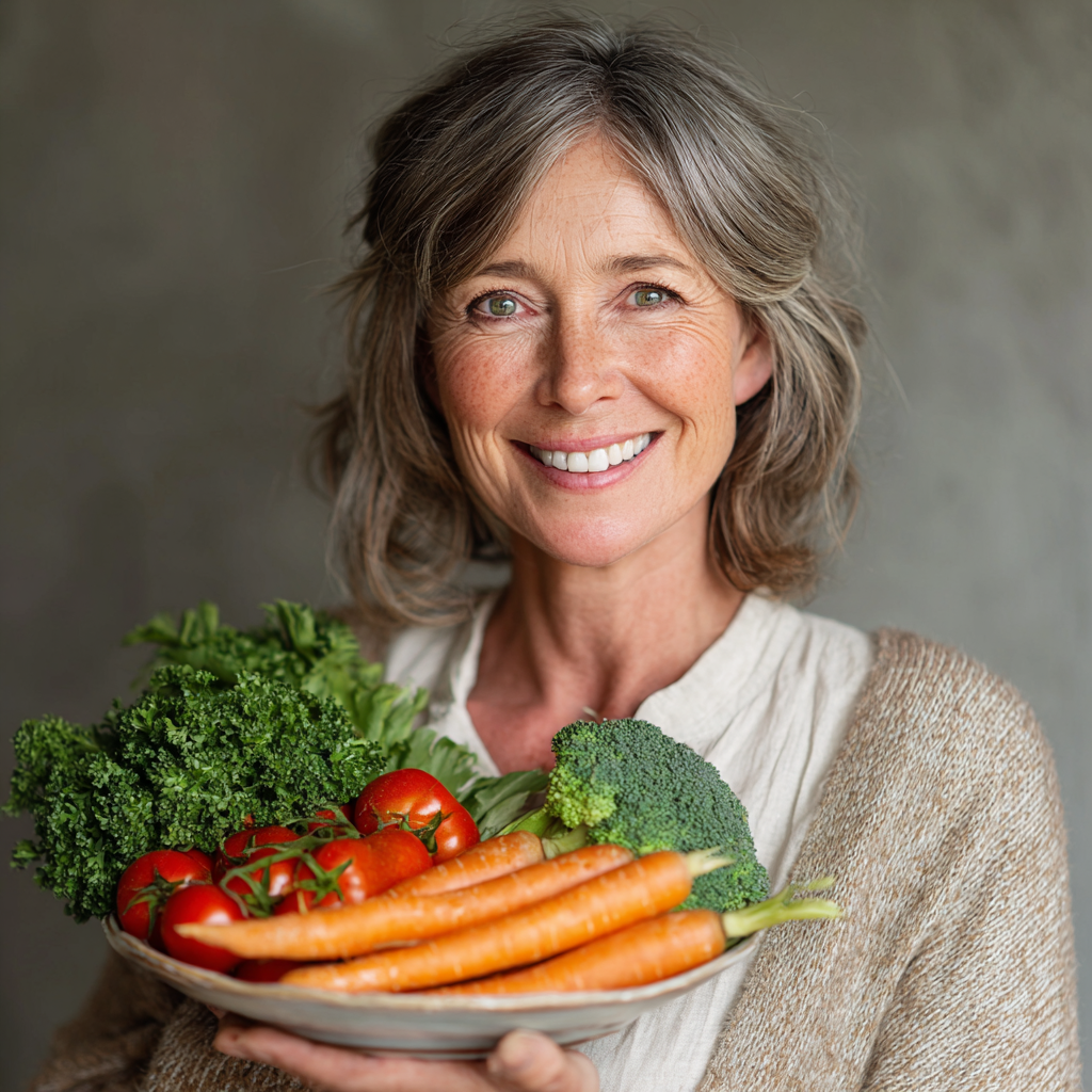 Щаслива жінка 55 років тримає тарілку зі свіжими овочами та усміхається, демонструючи результати здорового харчування
